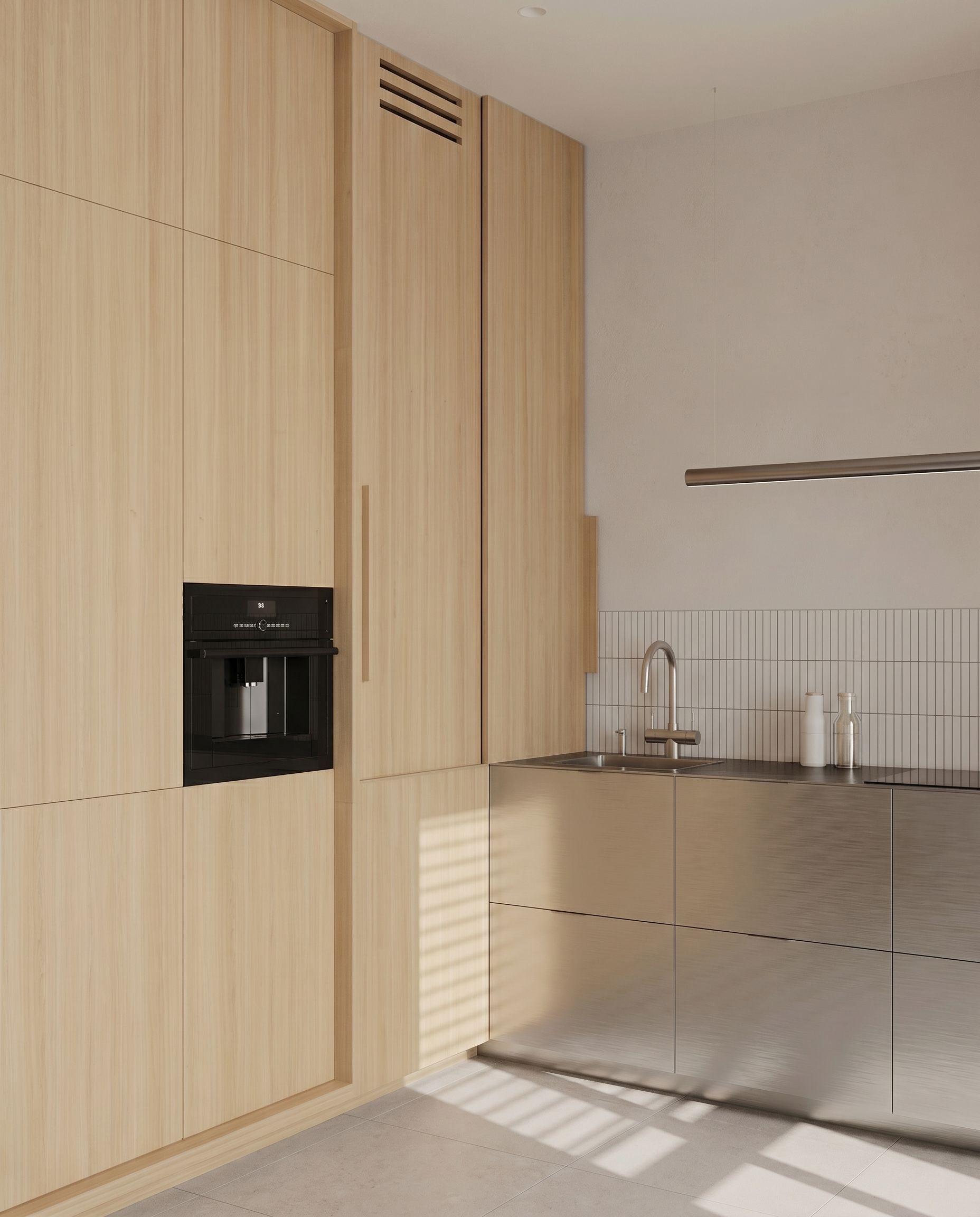 Raumperspektive einer minimalistischen Japandi-Küche in Lorch mit Designer-Leuchte.