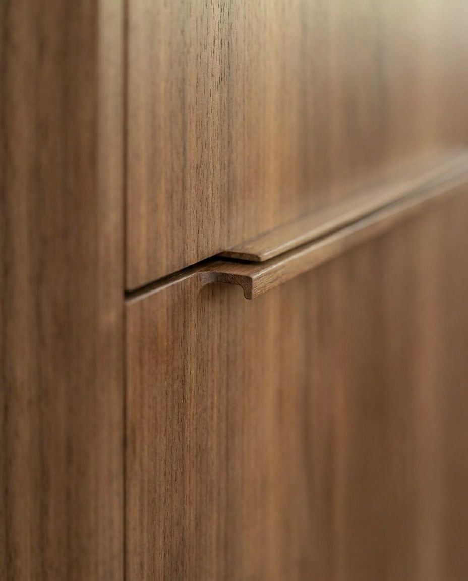 Detail der seidenmatten Nussbaumfurnier-Fronten mit durchlaufender Maserung.