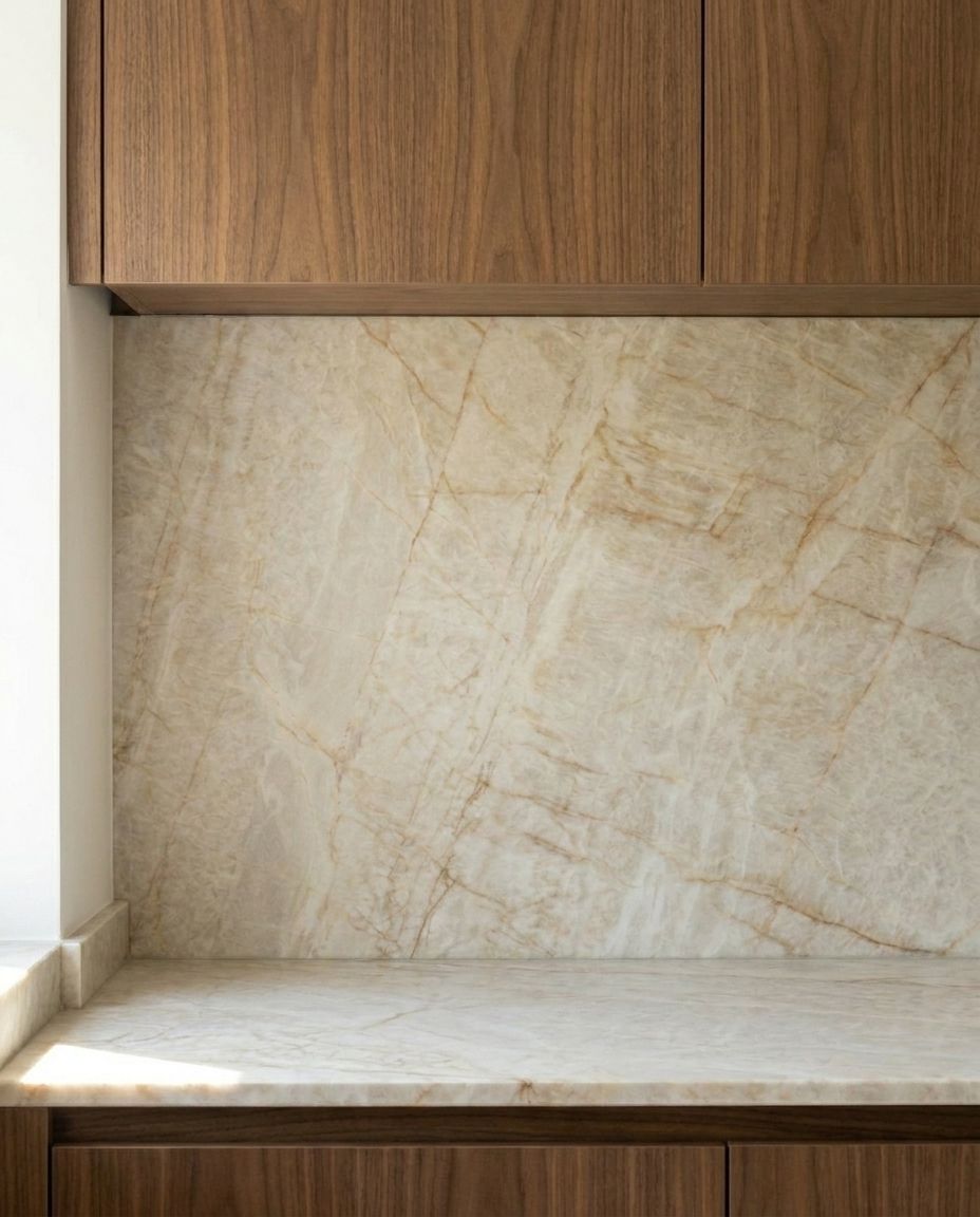 Geöffneter Hochschrank mit Innenauszügen als Beispiel für Stauraum in der Nussbaumküche.